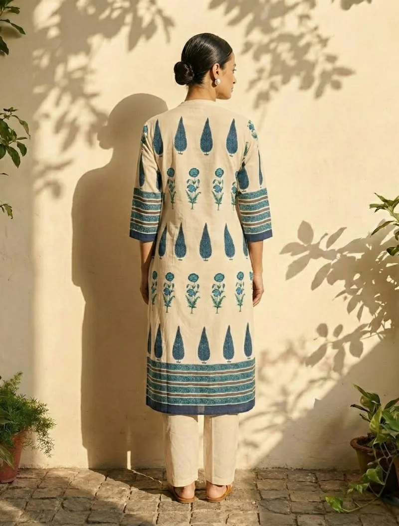 ترو برونز trueBrowns Ivory Blue Printed Kurta Pant Dupatta Set